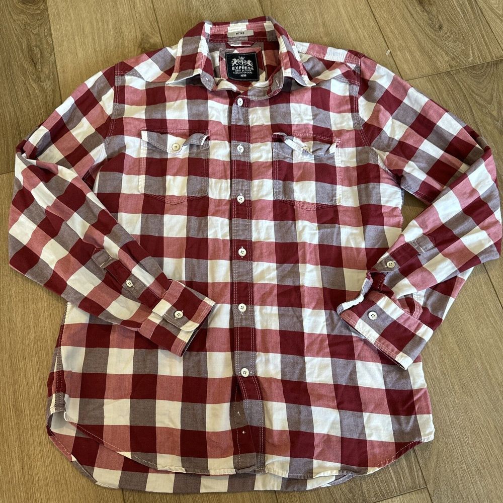 Express Flannel Shirt Men's Medium Red White Plaid Collar Casual Button Down